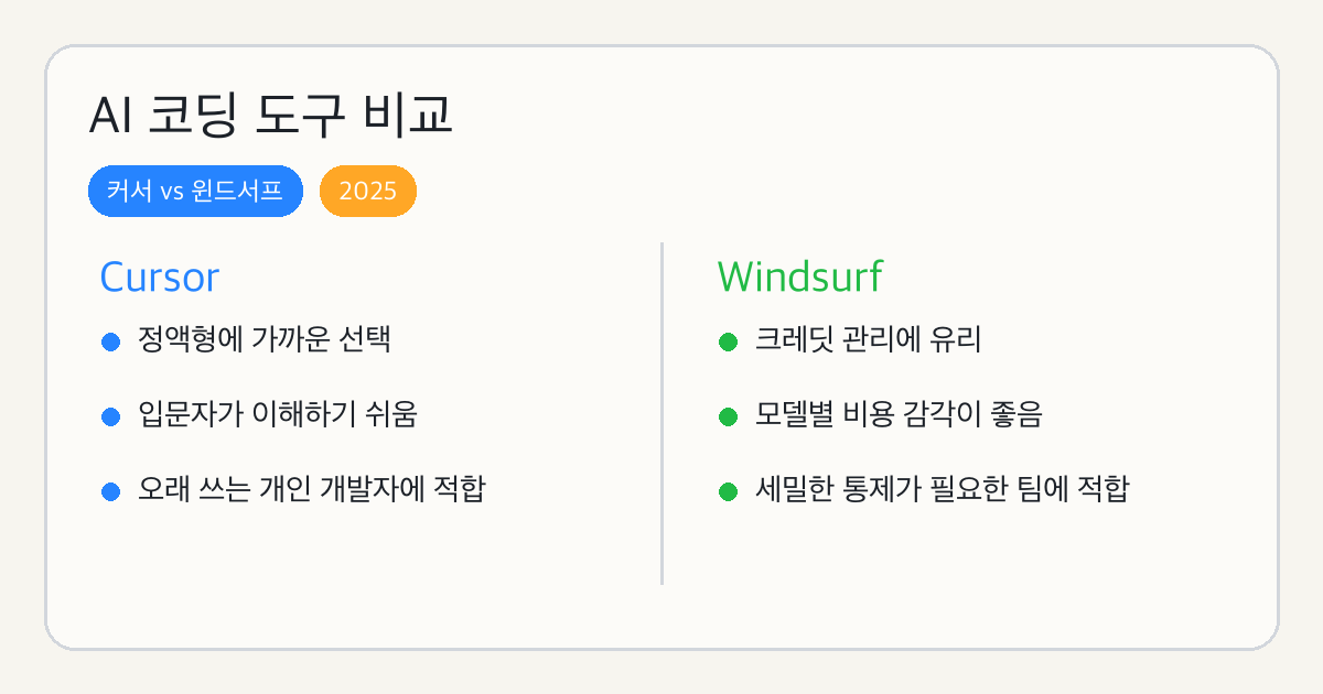 AI 코딩 도구 비교 커서와 윈드서프 핵심 차이 요약 이미지